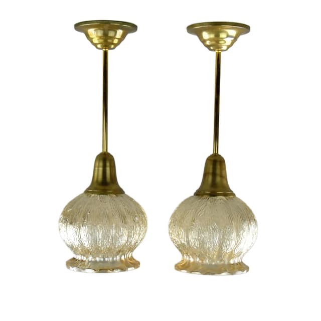 Pair of ceiling lamps, golden glass, brass, Poland, 1960s. - DIMENSION