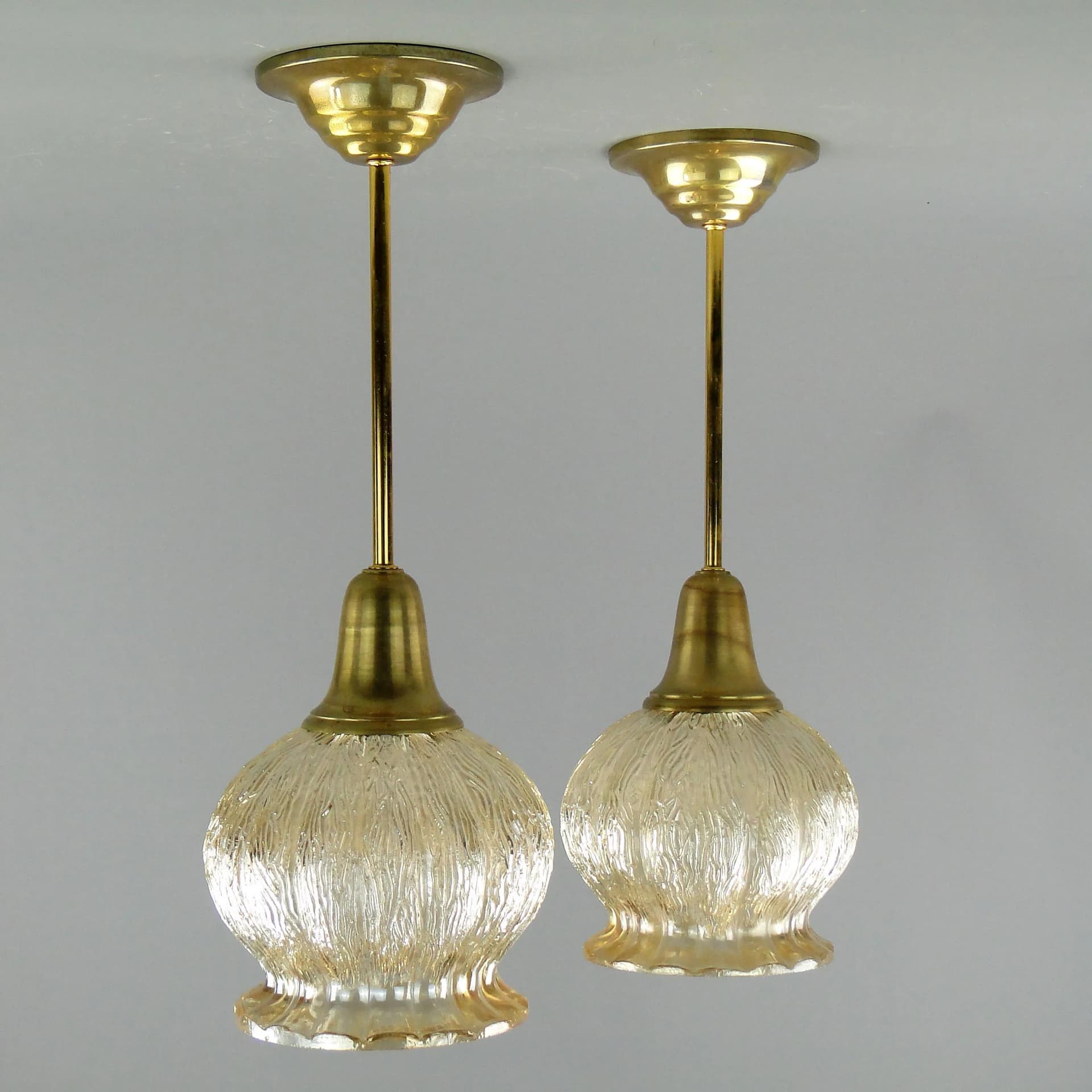 Pair of ceiling lamps, golden glass, brass, Poland, 1960s. - 162646