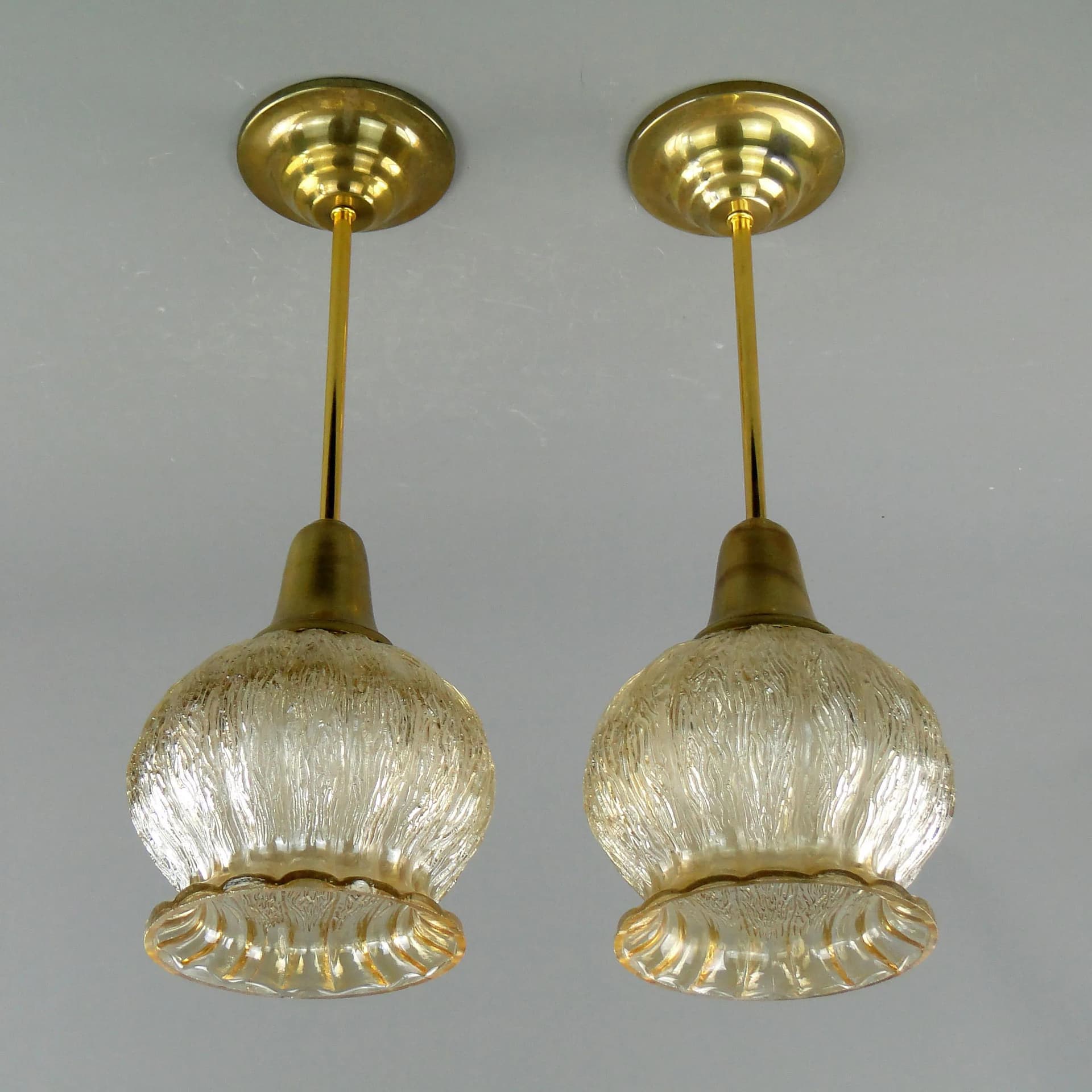 Pair of ceiling lamps, golden glass, brass, Poland, 1960s. - 162641
