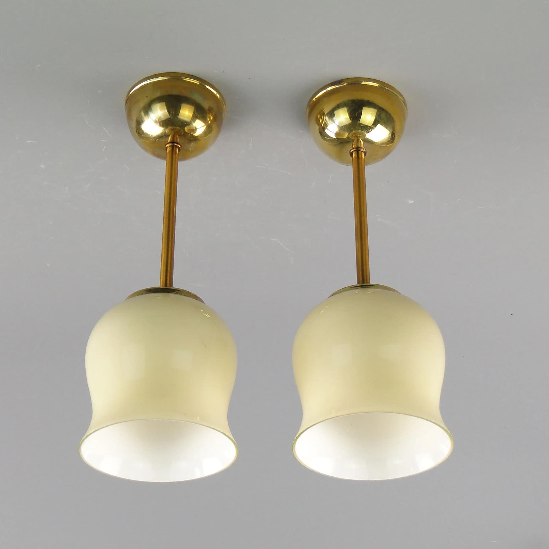 Pair of ceiling lamps, ecru glass, brass, Poland, 1950s - 162550