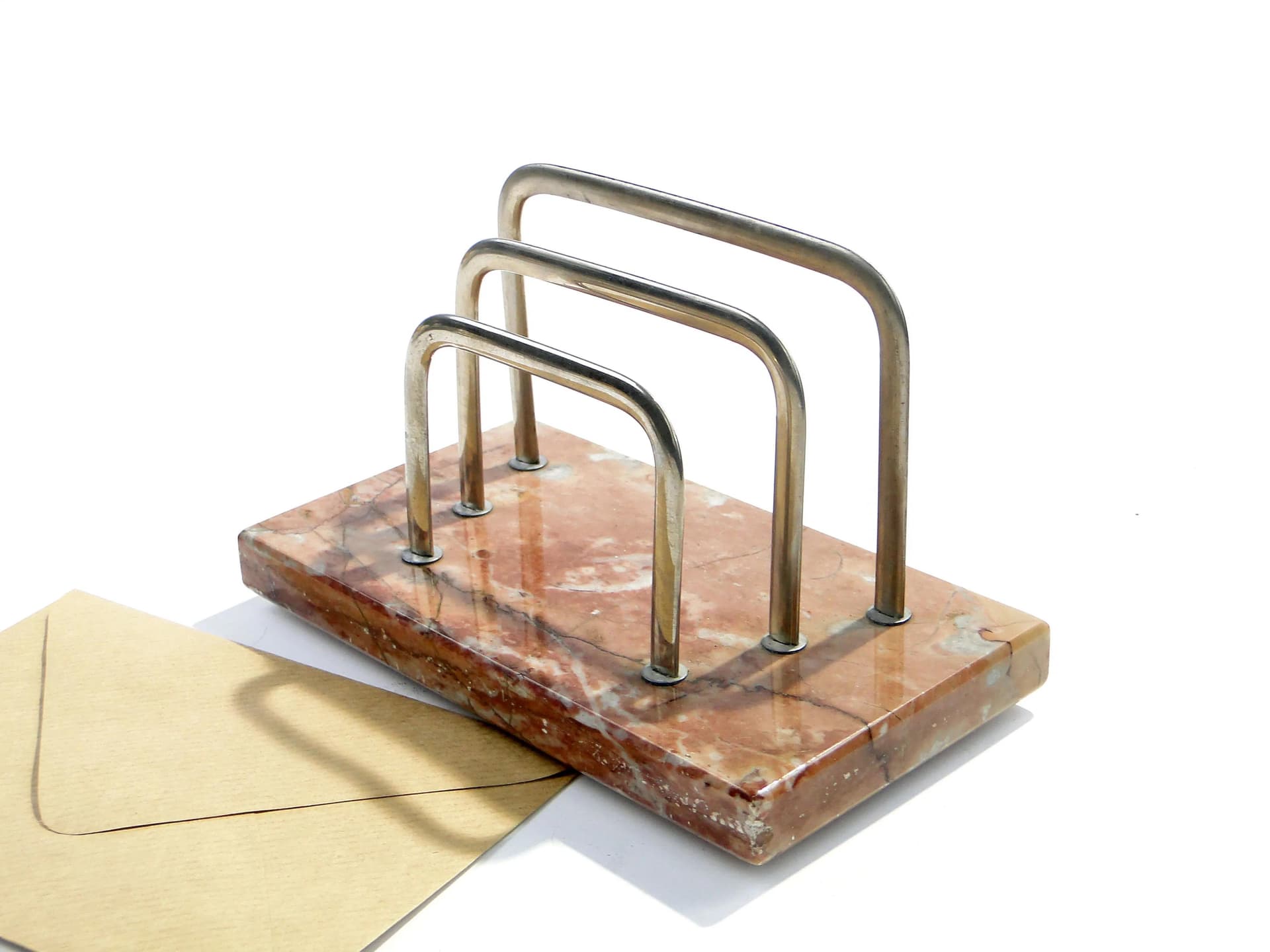 Letter Holder Art Deco, brown beige onyx, chromed brass, Poland, 1920s - 162536