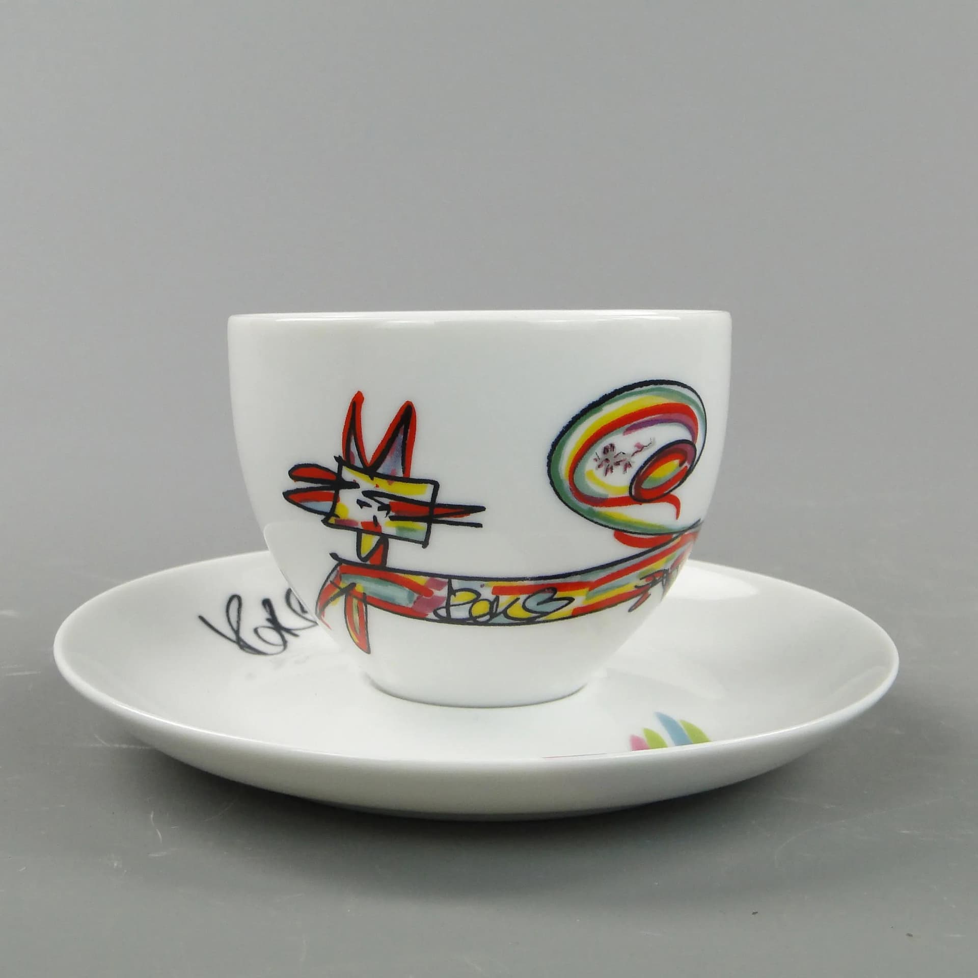 Filiżanka do kawy Kot i mysz, porcelana multikolor, proj. Kora, Ćmielów, Polska, lata 80. - 162515