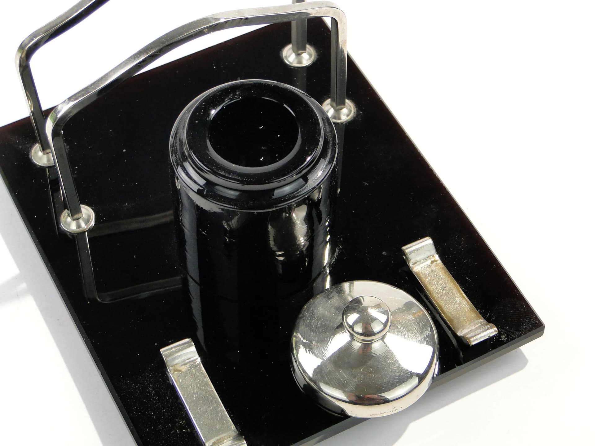 Kałamarz z listownikiem Art Deco, szkło czarne, Polska, lata 30. - 162480