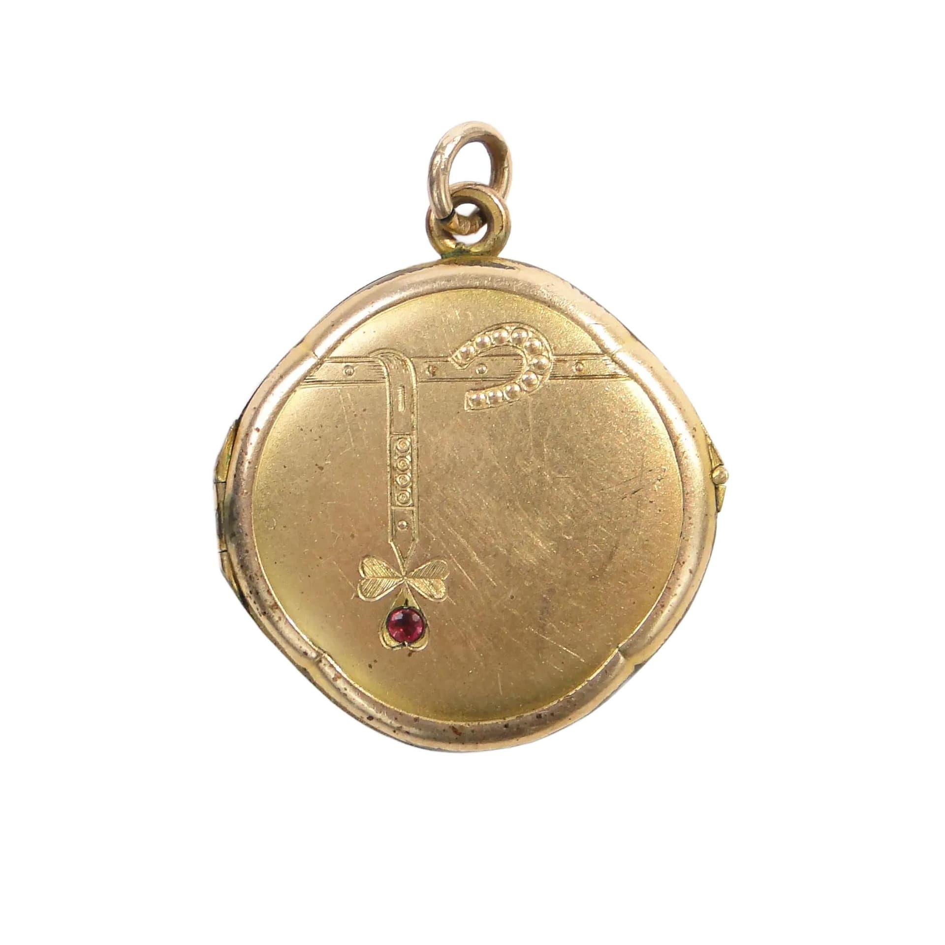 Sentimental locket, geometric Art Nouveau, gilt brass, ruby, Austria-Hungary, 19th c.