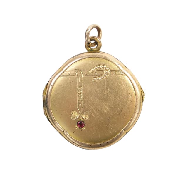 Sentimental locket, geometric Art Nouveau, gilt brass, ruby, Austria-Hungary, 19th c. - DIMENSION