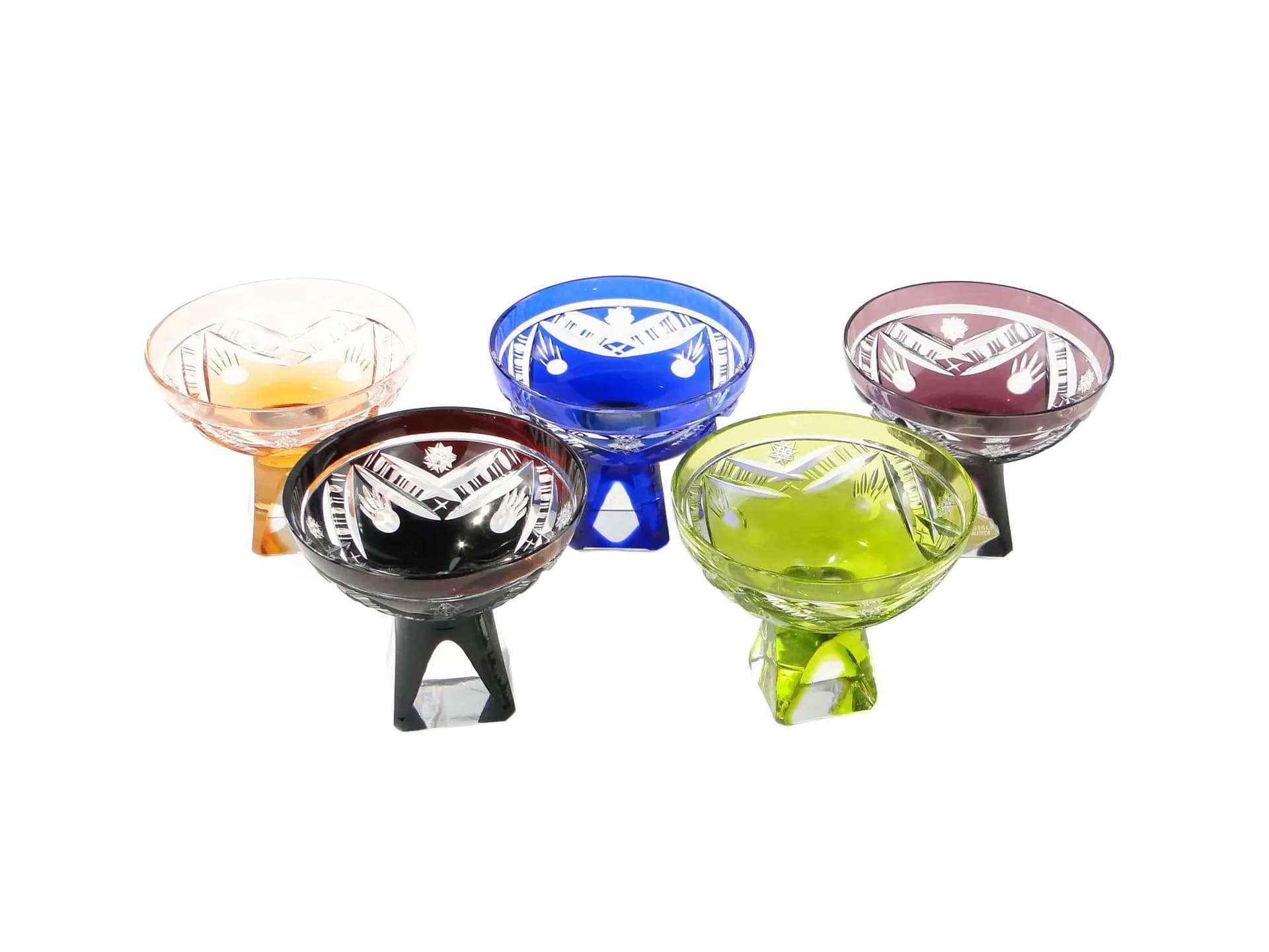 Komplet kieliszków do likieru, art déco, multikolor, kryształ, Huta Józefina, Polska, lata 20.