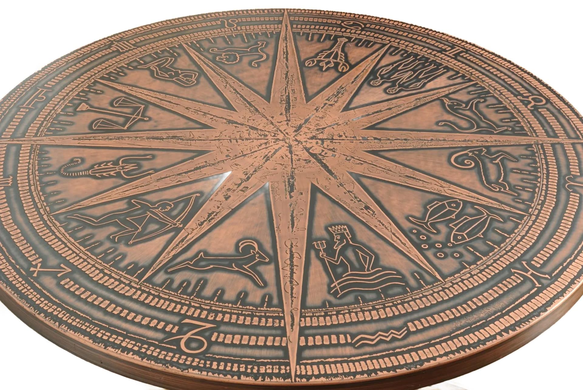 Stolik kawowy ze znakami zodiaku, miedź, stal chromowana, Niemcy, lata 70.