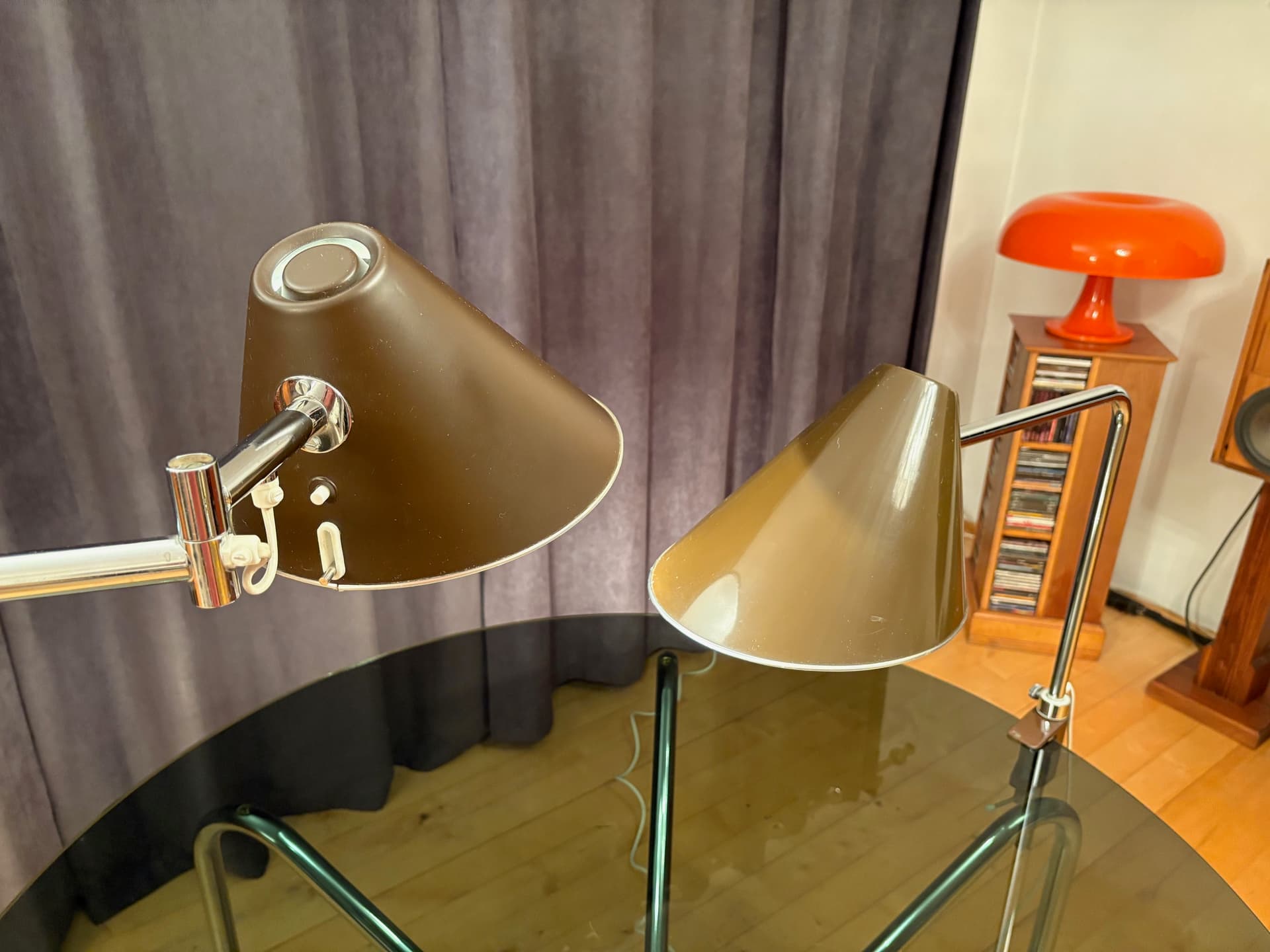 Para lamp Delux, brązowy, aluminium, stal chromowana, proj. S. Björklund, L. Gustafsson, Szwecja, lata 70. - 164499