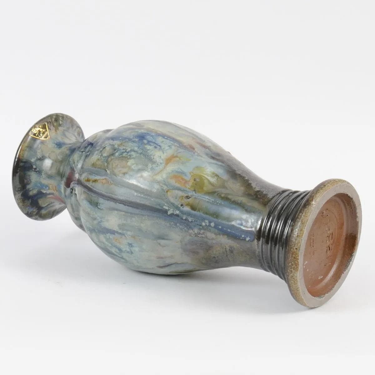 Wazon art déco, kamionka srebrna turkusowa zielona brązowa biała, proj. R. Guerin, Belgia, lata 30. - 164726