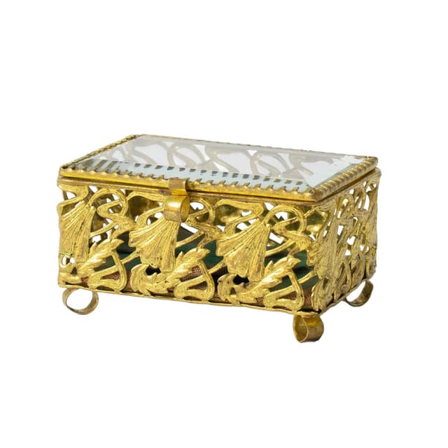 Jewelry box, Art Nouveau, golden metal, crystal glass, 1960s - DIMENSION