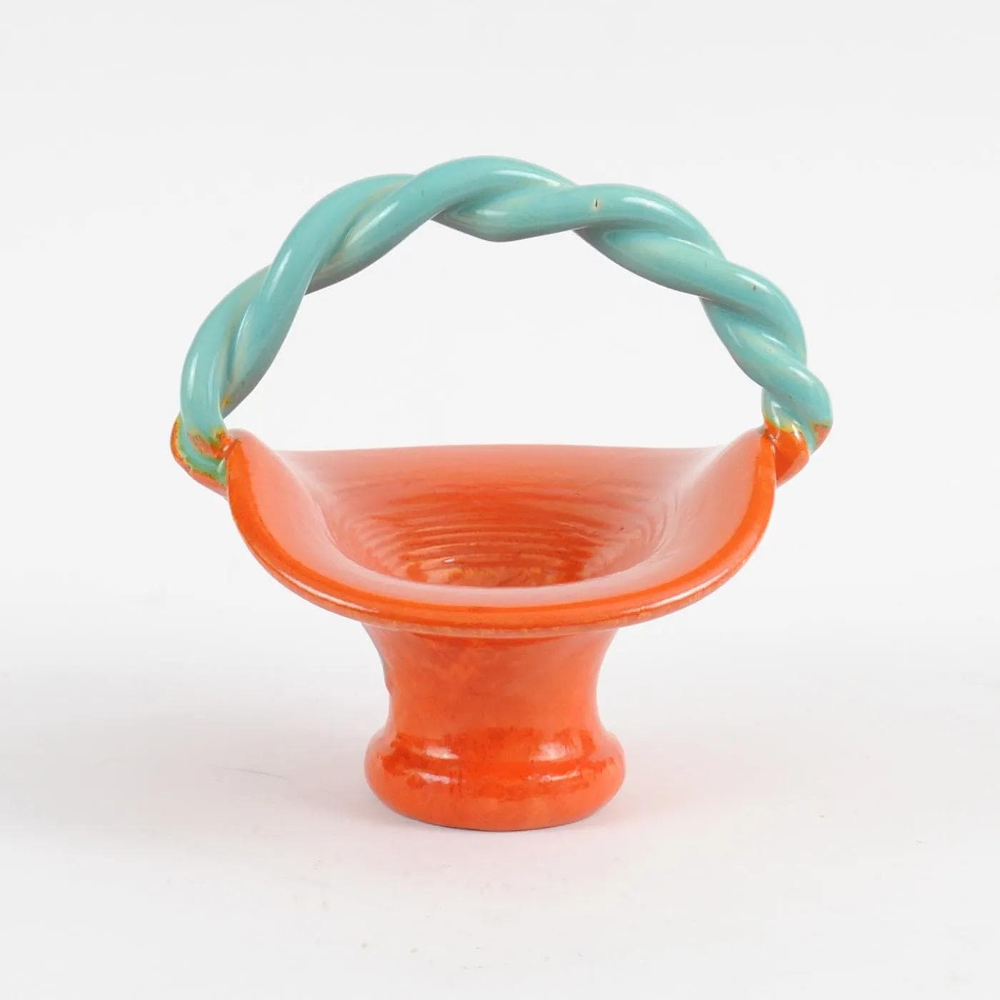 Ceramic basket, orange, turquoise ceramic, Roger Guerin, Belgium, 1930s. - 164513