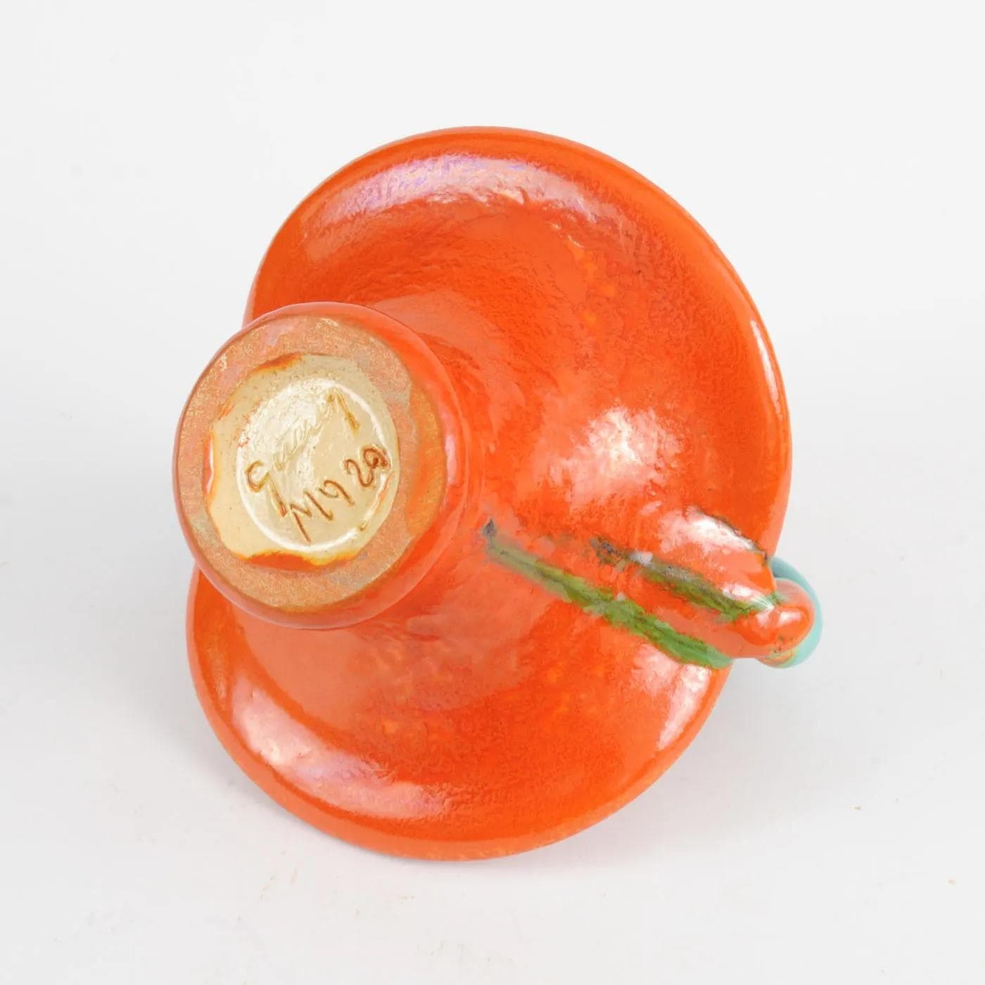 Ceramic basket, orange, turquoise ceramic, Roger Guerin, Belgium, 1930s. - 164515