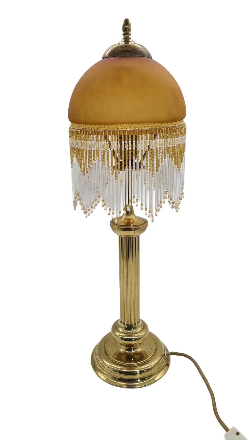 Lampa stołowa, bursztynowe szkło, mosiądz, lata 70. - 167390