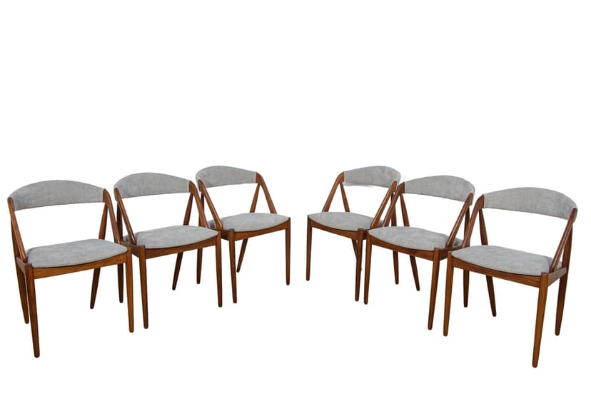 Komplet sześciu krzeseł Model 31, tkanina szara, teak, proj. K. Kristiansen, Dania, lata 60.