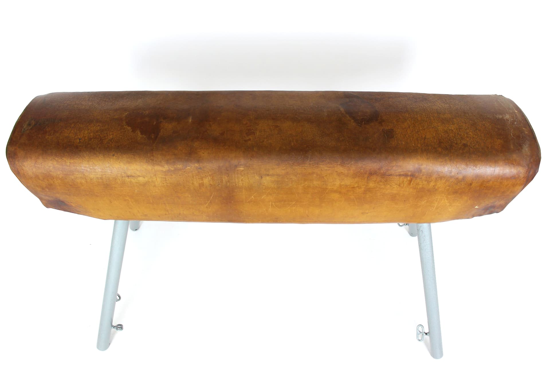 Koń gimnastyczny, skóra naturalna brązowa, stal szara, Polska, lata 50. - 167408