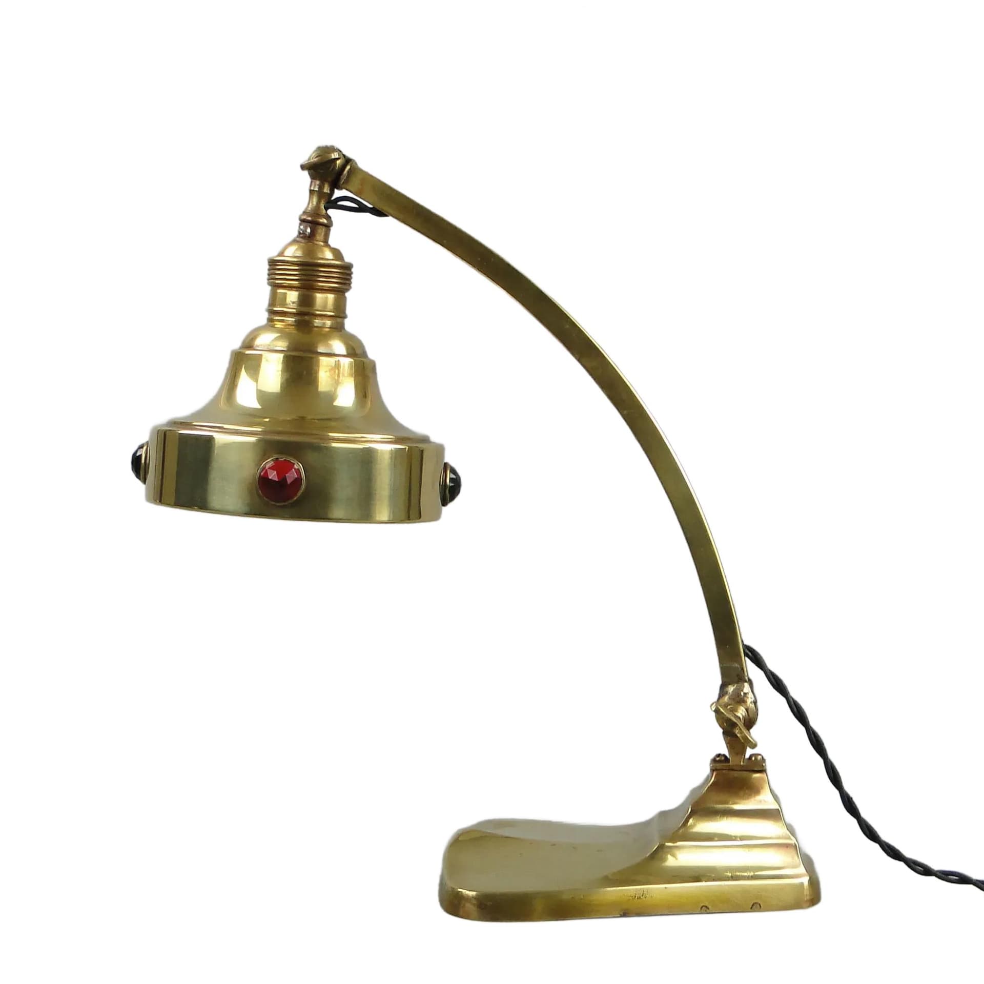 Lampa biurkowa secesyjna, złocista, mosiądz, Szwecja, lata 10.