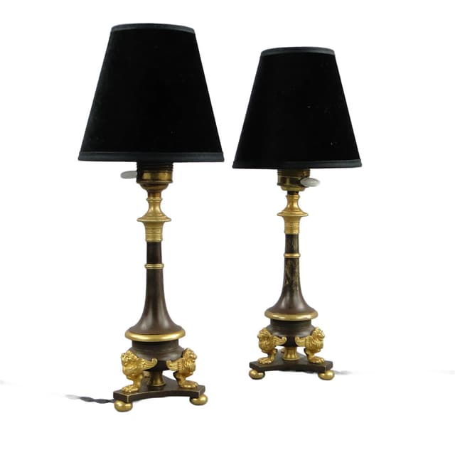 Para lamp stołowych Empire, brąz patynowany ciemnobrązowy, złocony, Polska, XIX wiek - WYMIARY