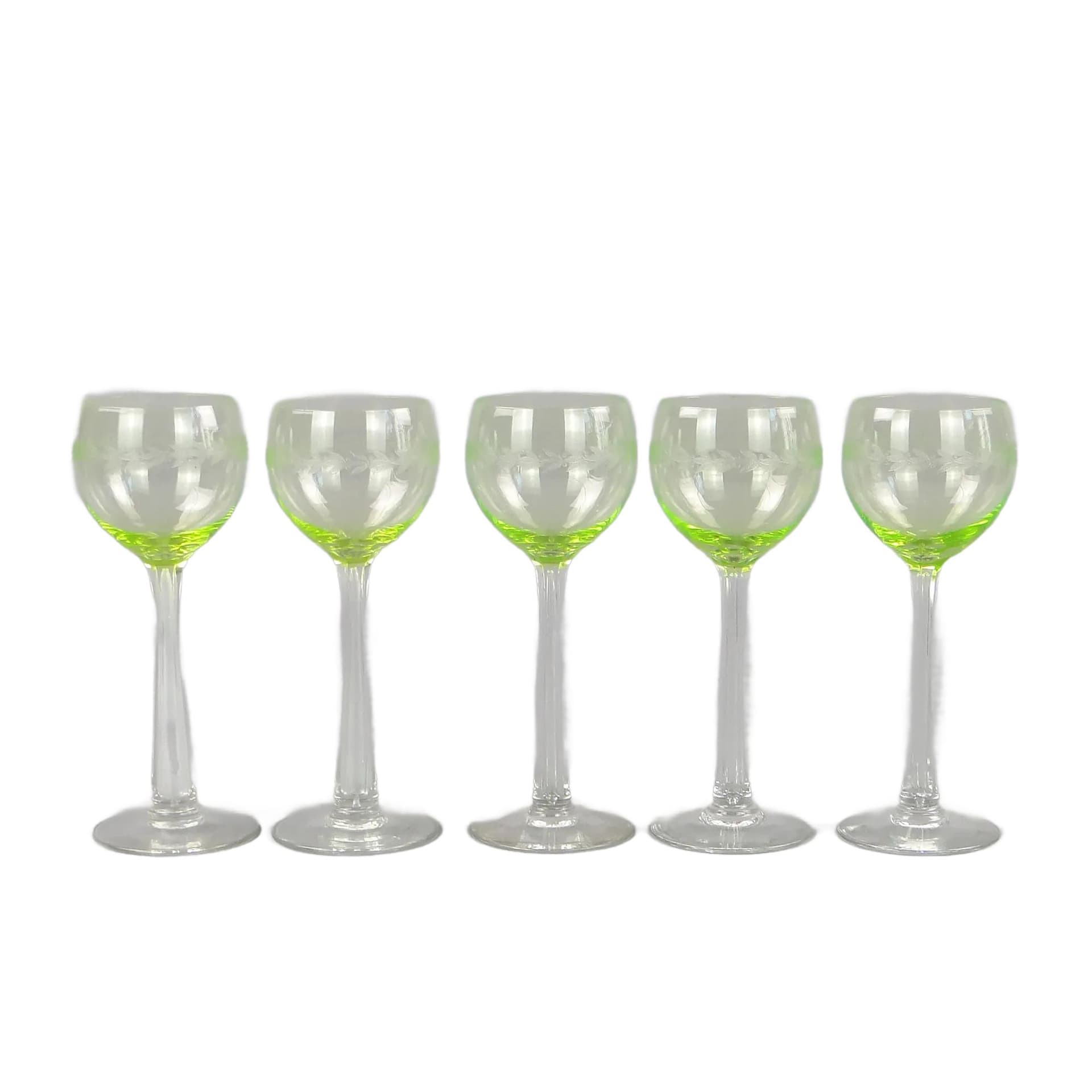 Set of Five Art Nouveau Wine Goblets, uranium glass, crystal glass, Józefina Glassworks, Poland, early 20th c.