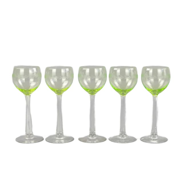 Set of Five Art Nouveau Wine Goblets, uranium glass, crystal glass, Józefina Glassworks, Poland, early 20th c. - DIMENSION