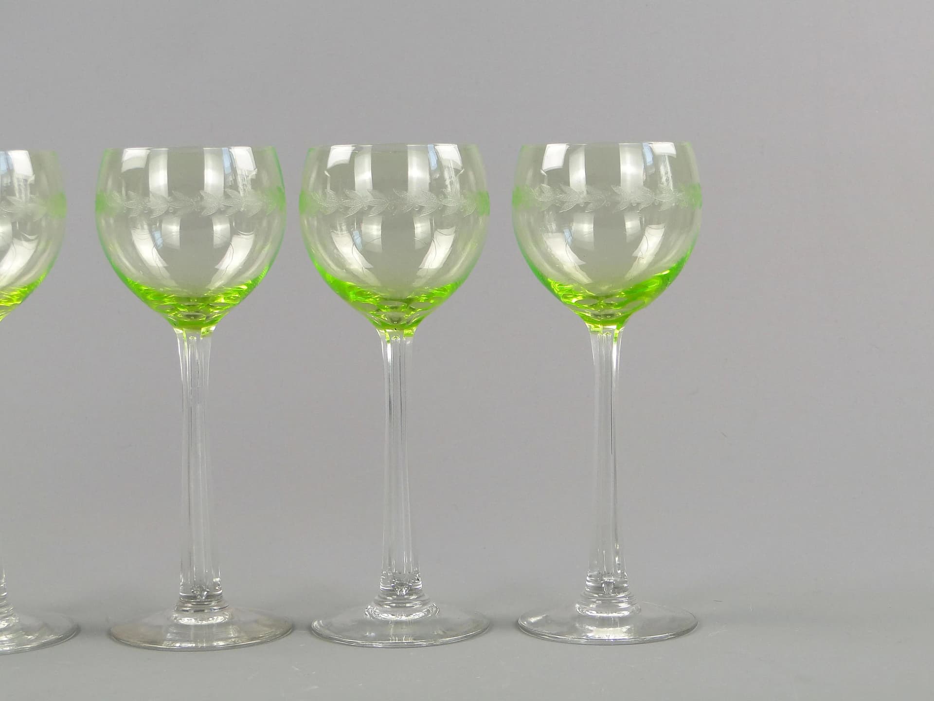 Set of Five Art Nouveau Wine Goblets, uranium glass, crystal glass, Józefina Glassworks, Poland, early 20th c. - 10887