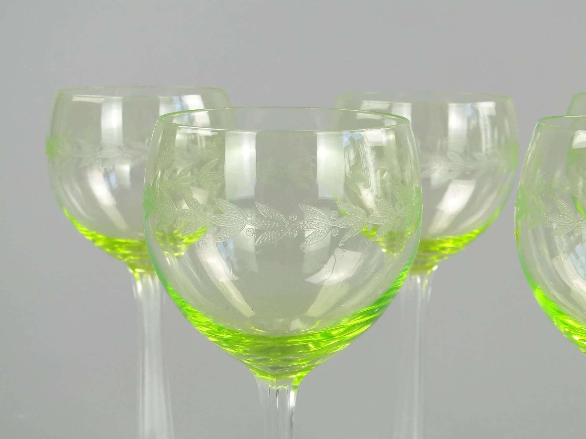 Set of Five Art Nouveau Wine Goblets, uranium glass, crystal glass, Józefina Glassworks, Poland, early 20th c. - 10891