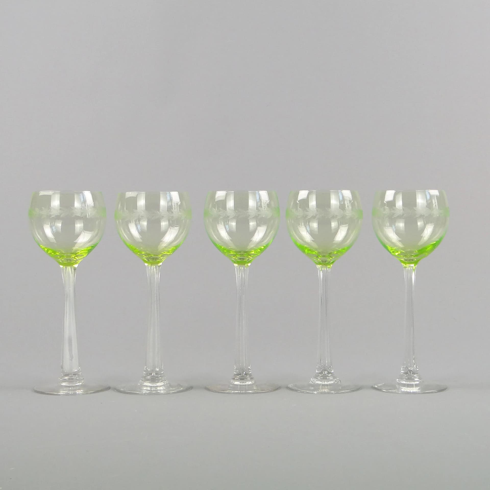 Set of Five Art Nouveau Wine Goblets, uranium glass, crystal glass, Józefina Glassworks, Poland, early 20th c. - 10884