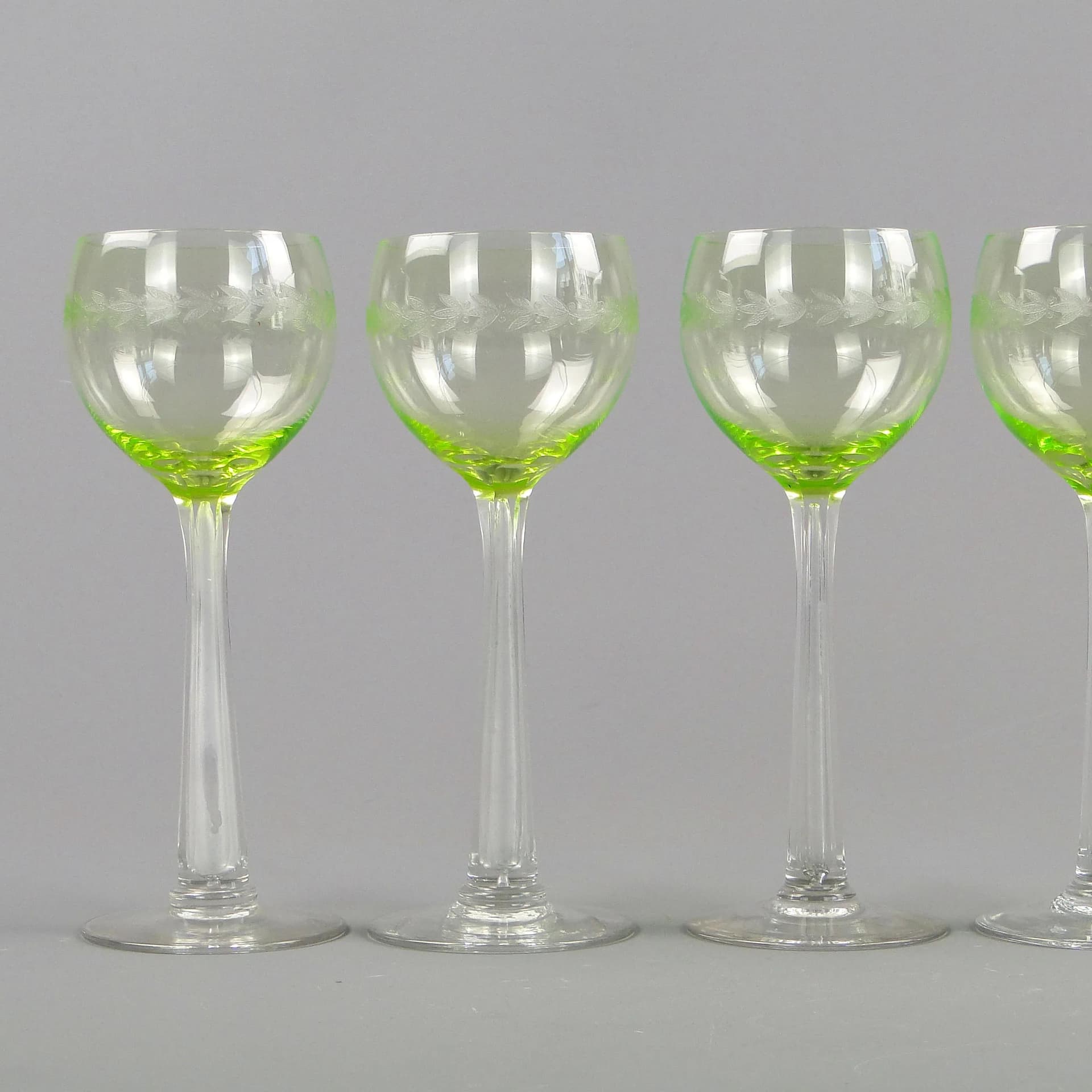 Set of Five Art Nouveau Wine Goblets, uranium glass, crystal glass, Józefina Glassworks, Poland, early 20th c. - 10886