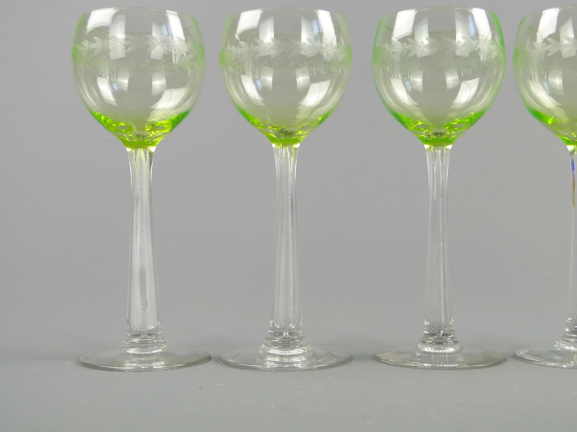 Set of Five Art Nouveau Wine Goblets, uranium glass, crystal glass, Józefina Glassworks, Poland, early 20th c. - 10890