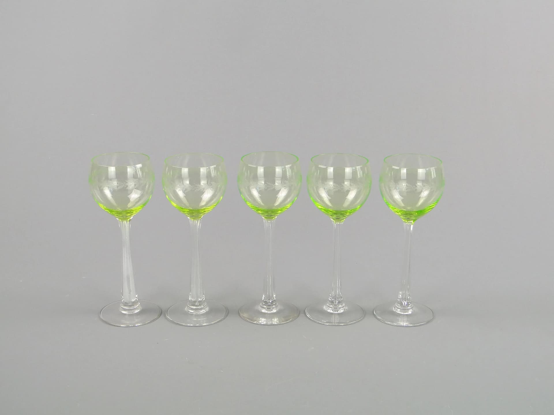 Set of Five Art Nouveau Wine Goblets, uranium glass, crystal glass, Józefina Glassworks, Poland, early 20th c. - 10885
