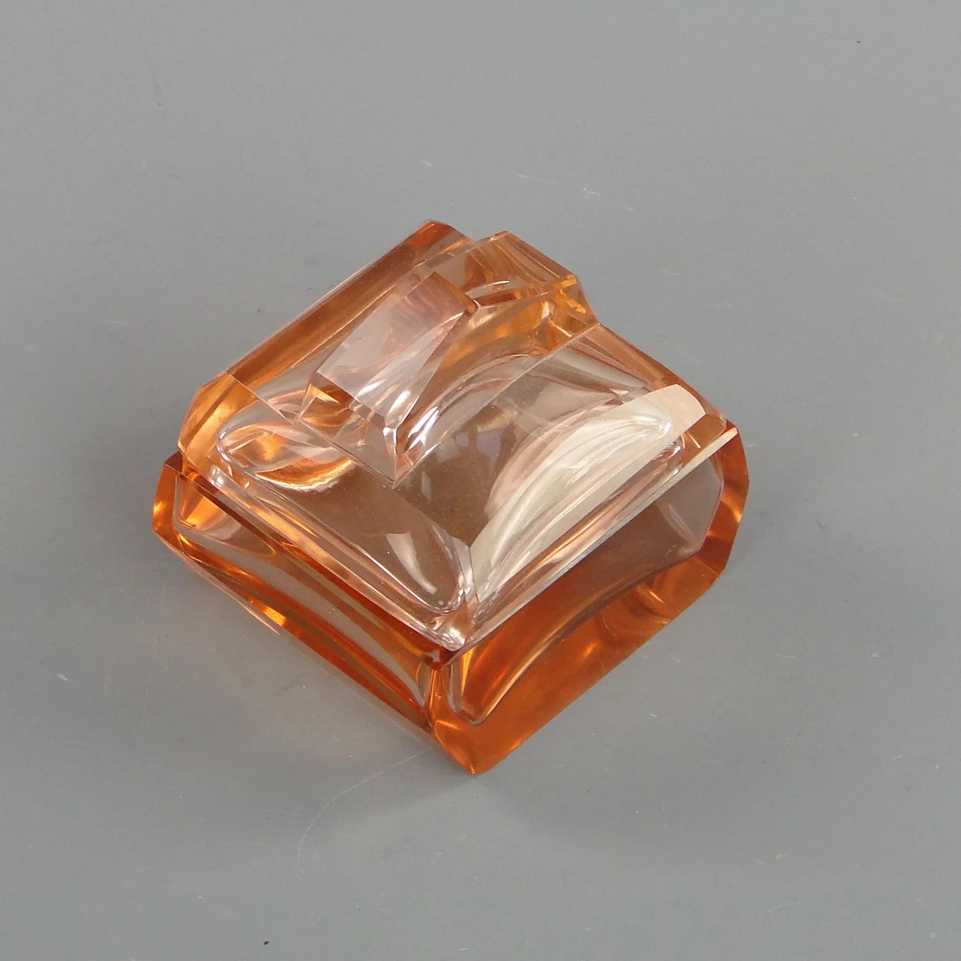 Bonbonniere Art Deco, orange crystal glass, Moser, Czech Republic, 1960s. - 11006