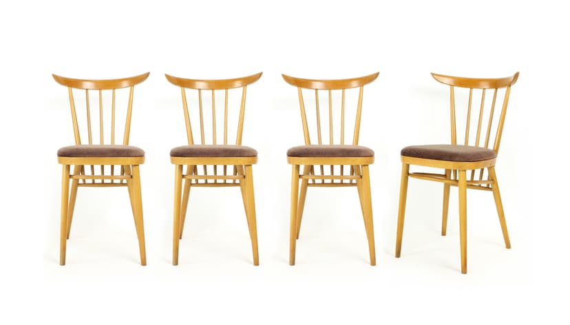 Set of four dining chairs, light brown oak, brown velvet, Tatra Nabytok, Czechoslovakia, 1960s.
