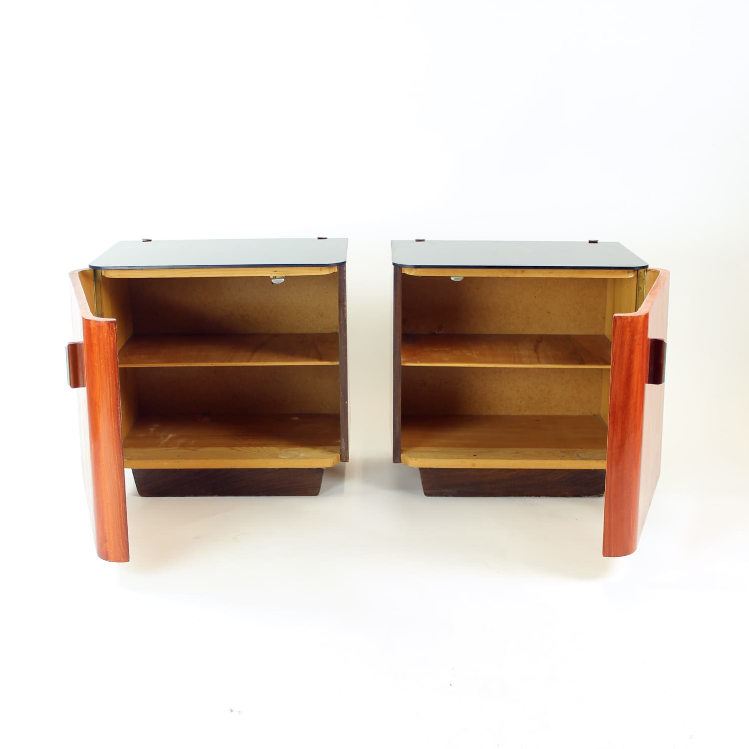 Set of Two Nightstands, black glass, reddish-brown wood, Czechoslovakia, 1960s. - 168883