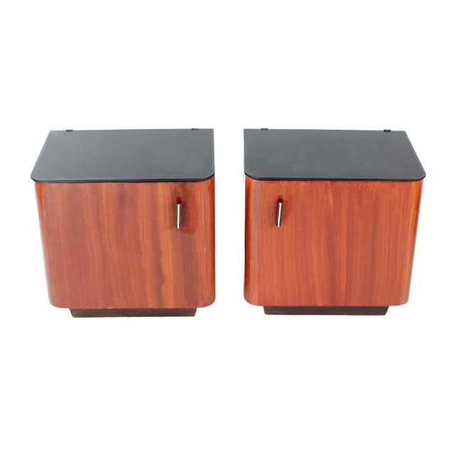 Set of Two Nightstands, black glass, reddish-brown wood, Czechoslovakia, 1960s. - DIMENSION