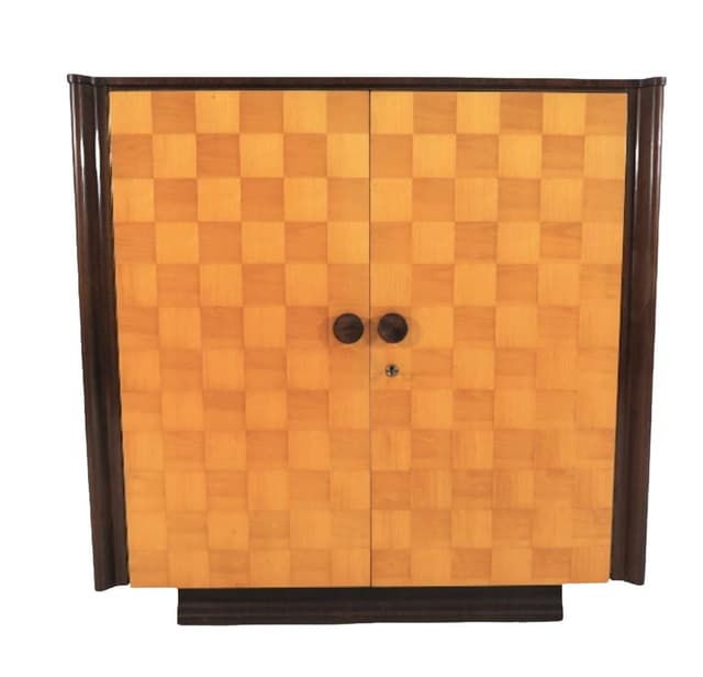 Sekretarzyk Art déco, brąz jasny, drewno, proj. J. Halabala, Czechy, lata 30. - WYMIARY