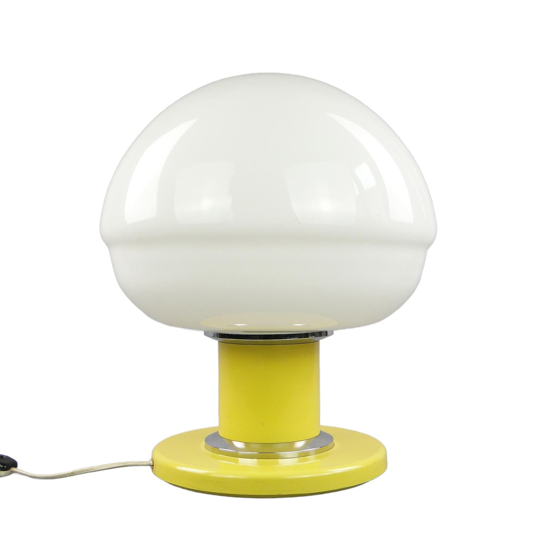 Lampa stołowa Emma, żółty, szkło biały, stal żółty, chrom, POLAM Bielsko-Biała, Polska, lata 60.
