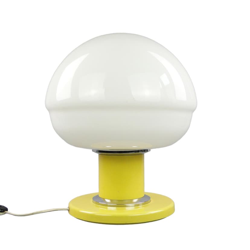 Lampa stołowa Emma, żółty, szkło biały, stal żółty, chrom, POLAM Bielsko-Biała, Polska, lata 60.
