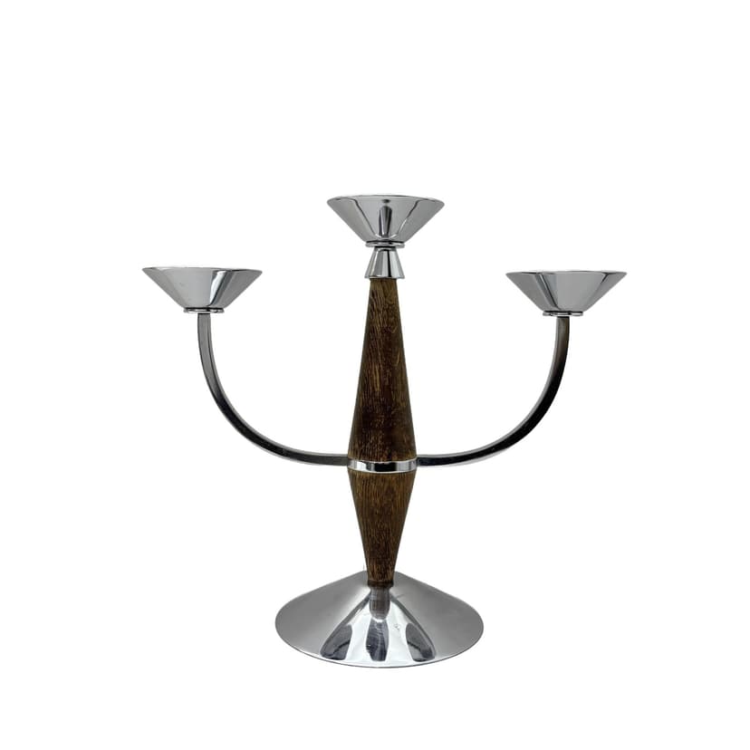 Świecznik Bauhaus, chromowana stal srebrna, drewno brązowe, Niemcy, lata 70.
