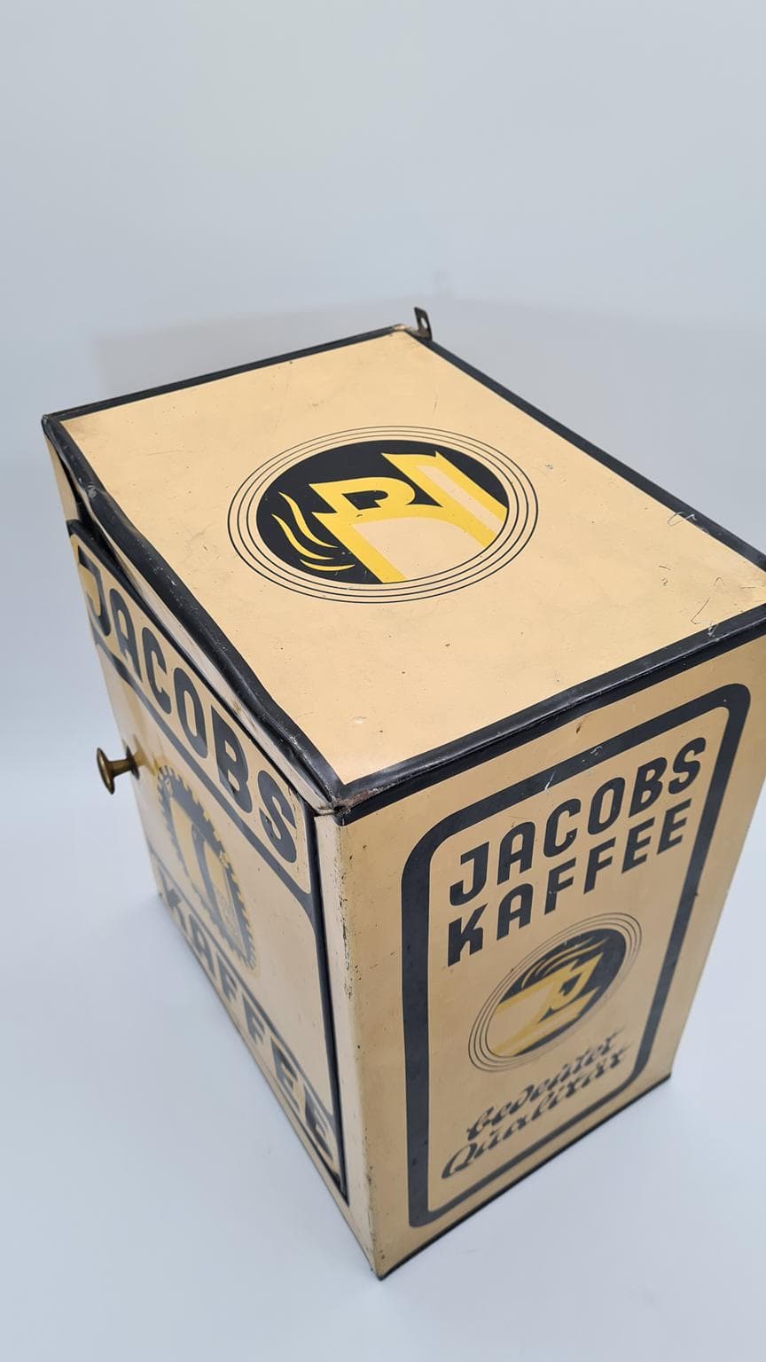 Advertising tin, ivory white, metal, Jacobs Kaffee, Germany, 1930s. - 169515