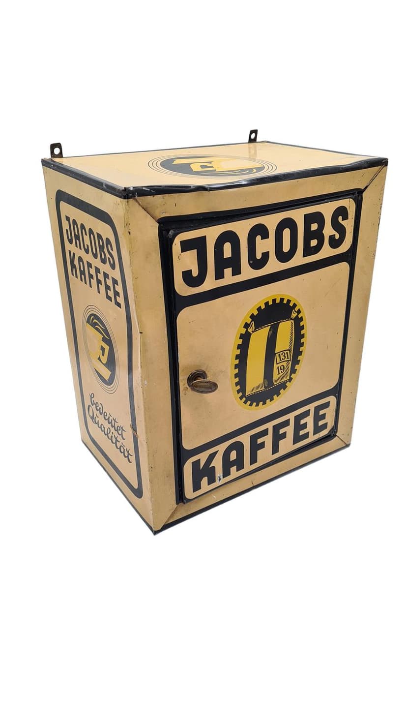 Puszka reklamowa, kremowy, metal, Jacobs Kaffee, Niemcy, lata 30.