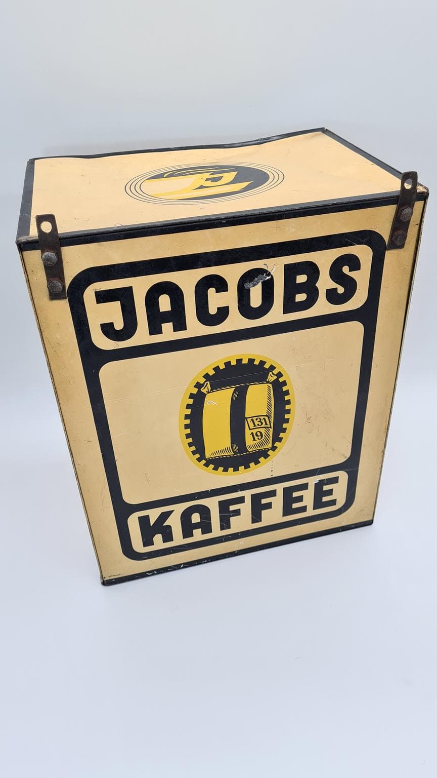 Advertising tin, ivory white, metal, Jacobs Kaffee, Germany, 1930s. - 169516