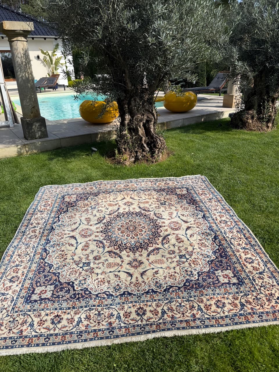 Dywan perski Nain 210x200 cm, ivory, wełna jedwab, Iran, lata 90. - 169897