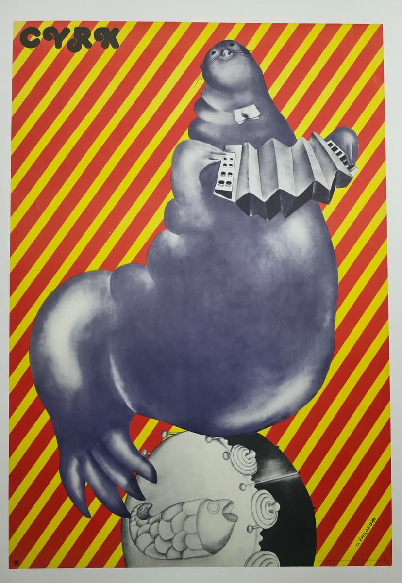 Cyrk foka z akordeonem (Oryginalny plakat cyrkowy), aut. D. Żukowska, 1975