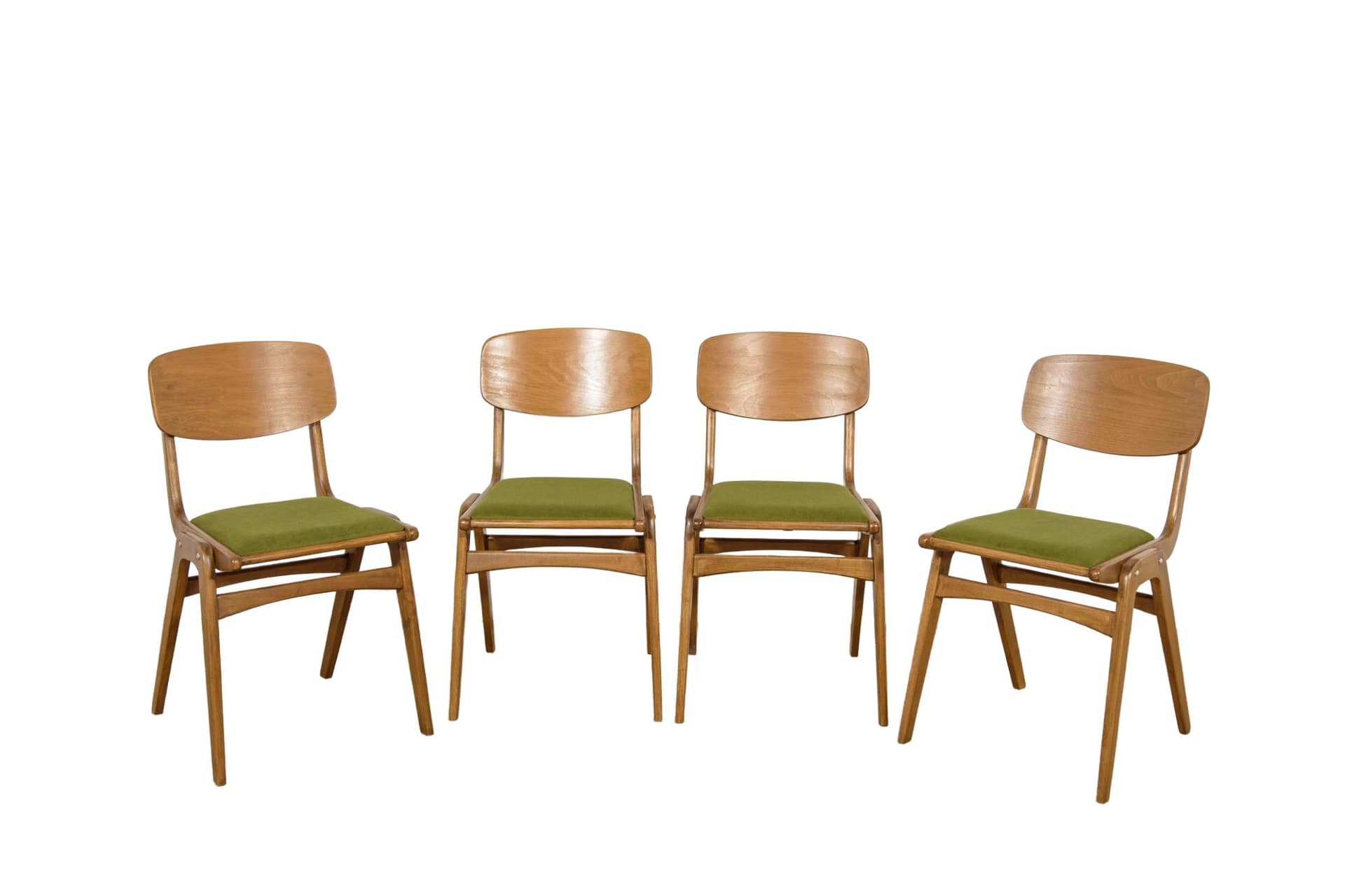 Set of four chairs Bumerang type 229XB, brown beech, green fabric, Poland, 1960s.