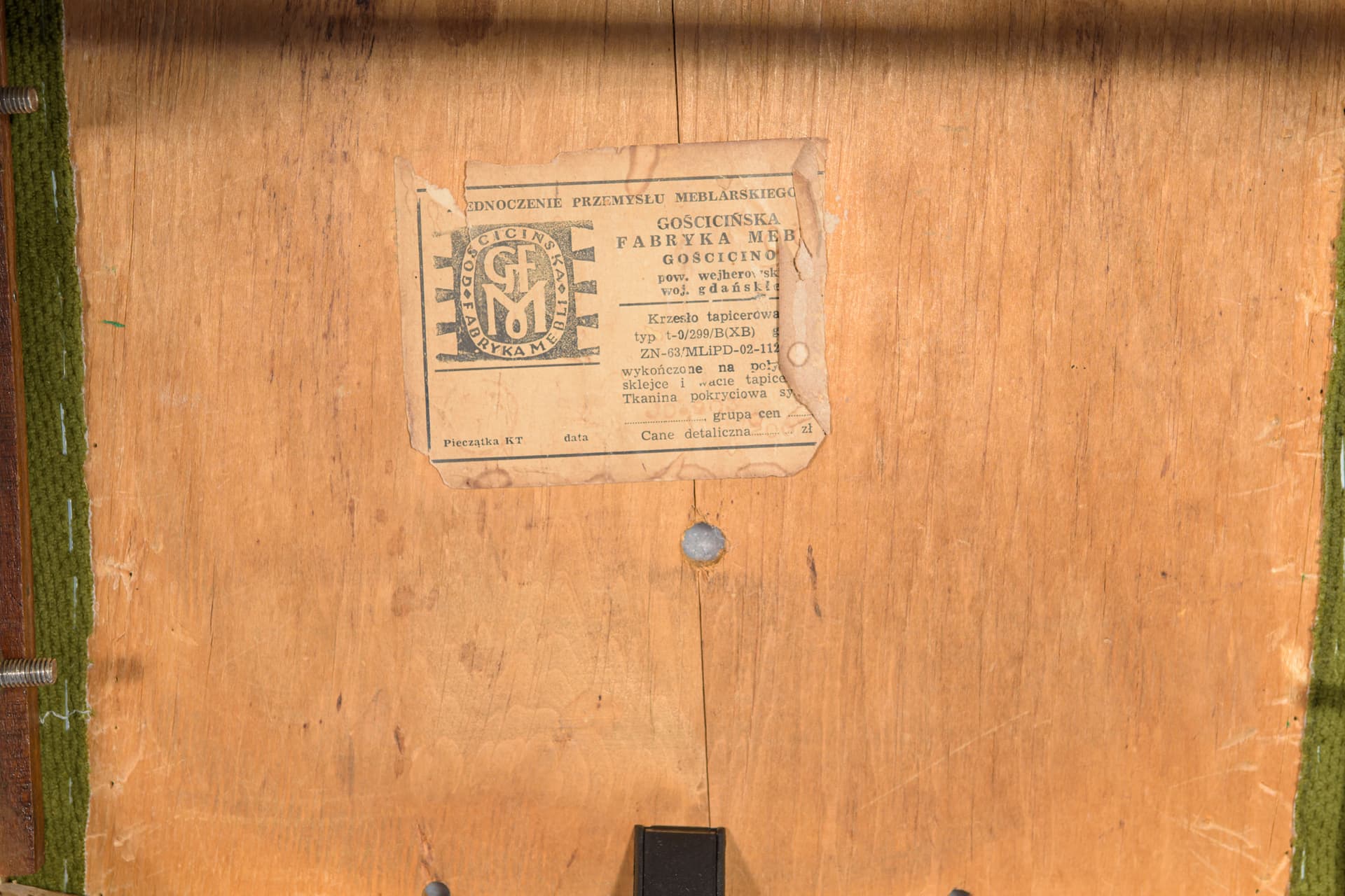 Set of four chairs Bumerang type 229XB, brown beech, green fabric, Poland, 1960s. - 170061