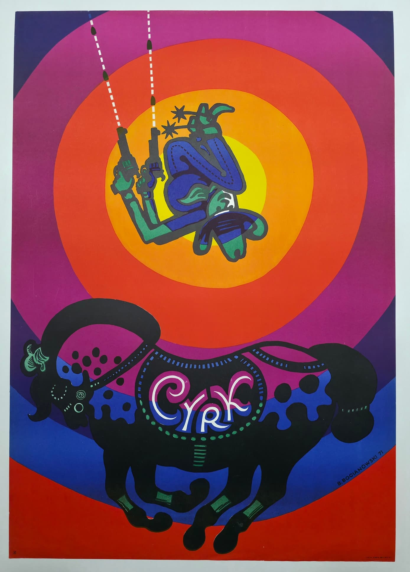 Cyrk kowboj akrobata z rewolwerami (Oryginalny plakat cyrkowy), aut. B. Bocianowski, 1971