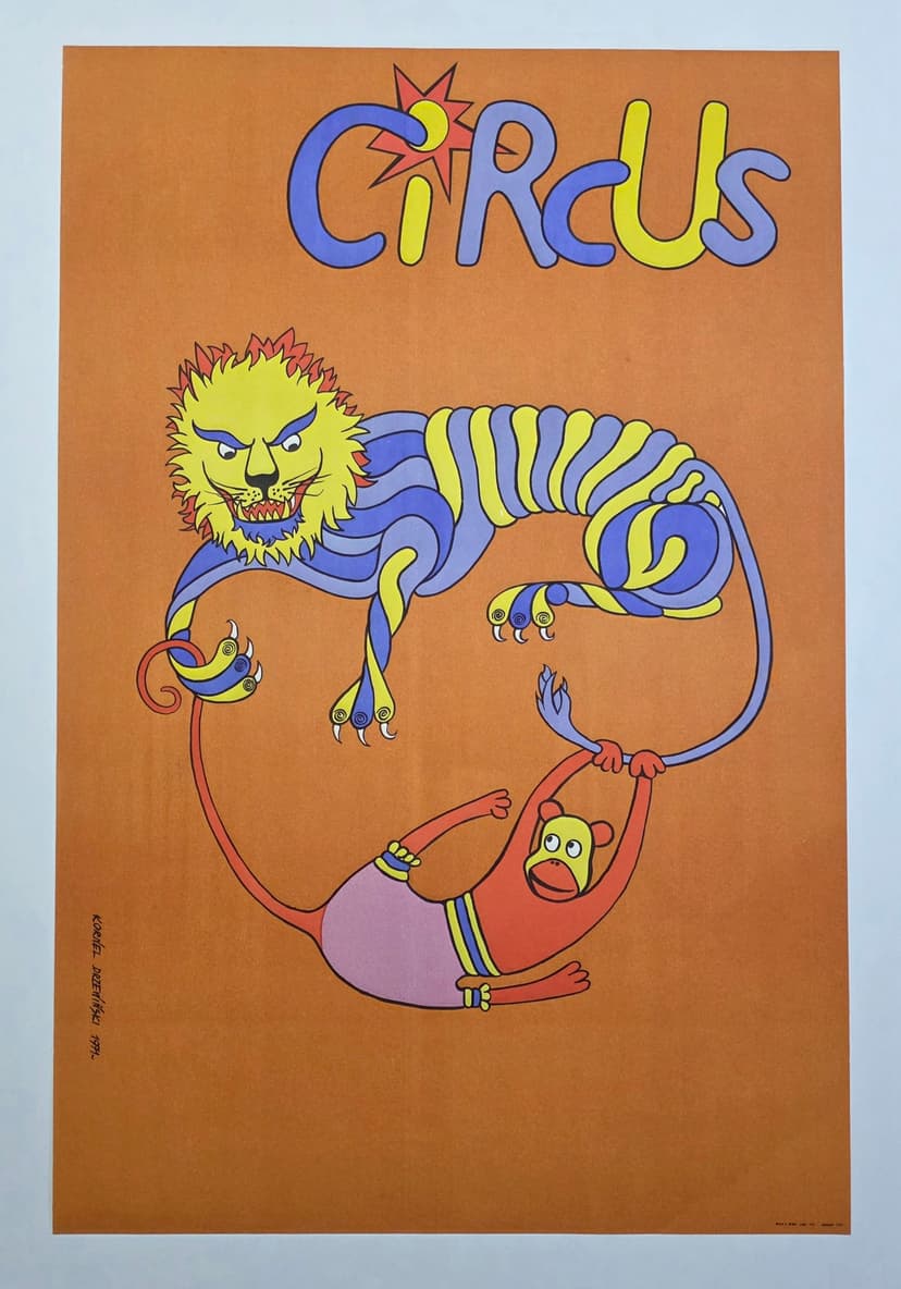 Cyrk lew i małpa (Oryginalny plakat cyrkowy), aut. K. Drzewiński, 1971
