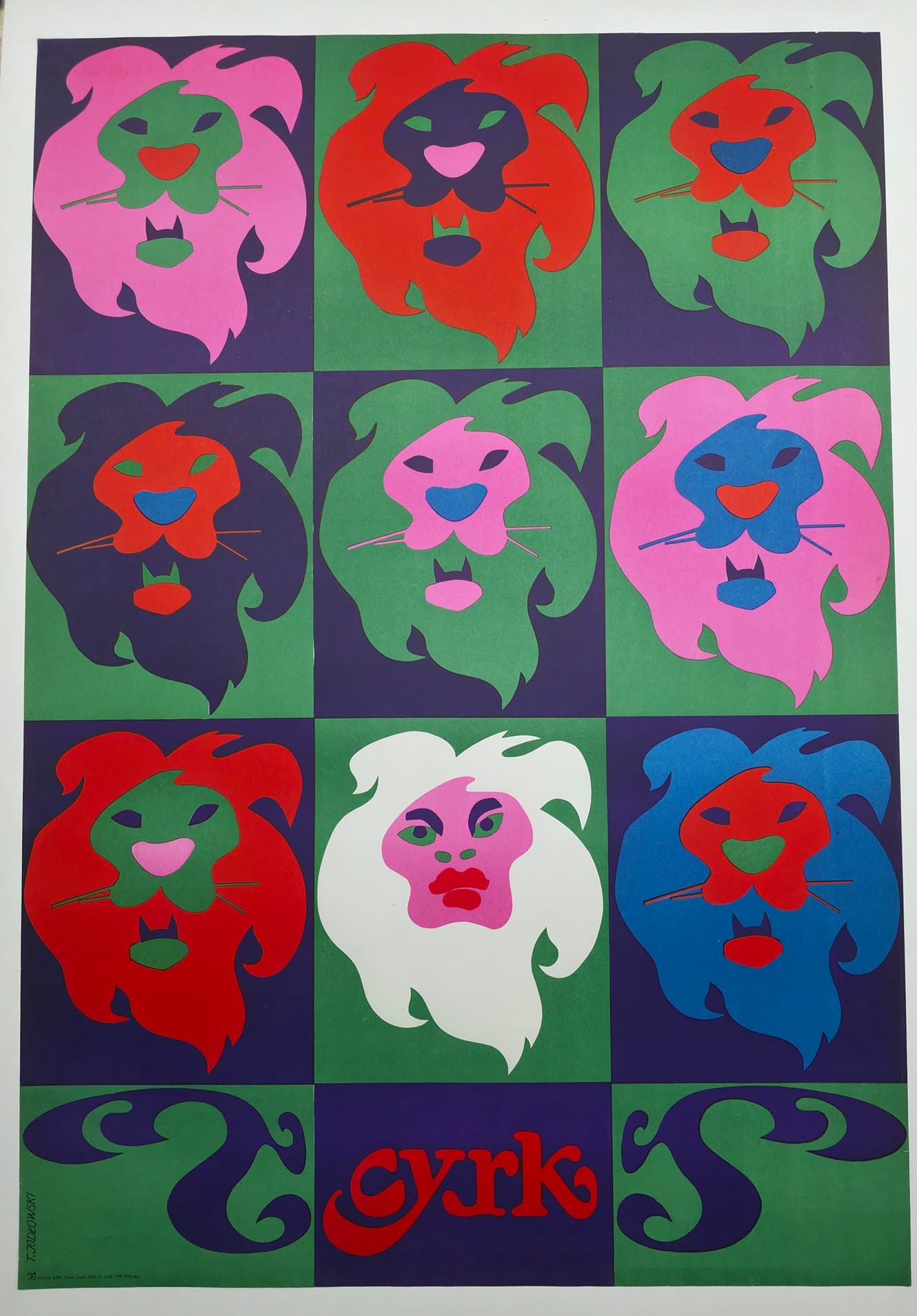 Cyrk osiem głów lwów i jedna kobieta (Oryginalny plakat cyrkowy), aut. T. Jodłowski, 1971