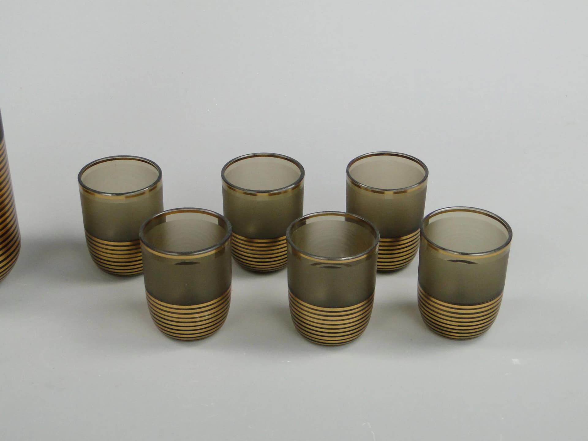Drinkware set, topaz brown glass, gilt, Borocrystal Chribska, Czechoslovakia, 1950s. - 11081