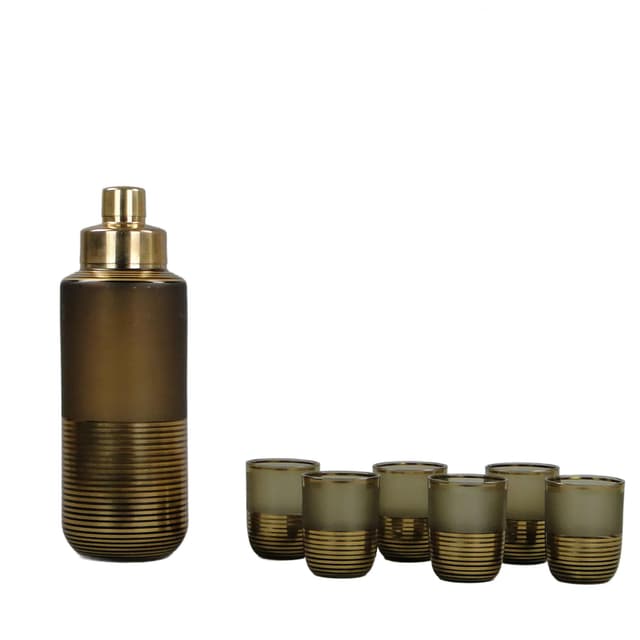 Drinkware set, topaz brown glass, gilt, Borocrystal Chribska, Czechoslovakia, 1950s. - DIMENSION