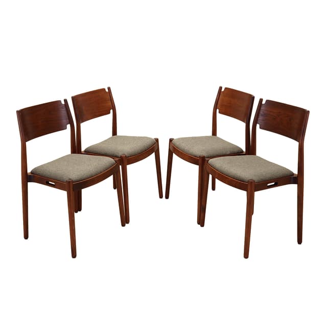 Komplet czterech krzeseł, mahon brązowy ciemny, fornir tekowy brązowy ciemny, tkanina taupe, Dania, lata 70. - WYMIARY